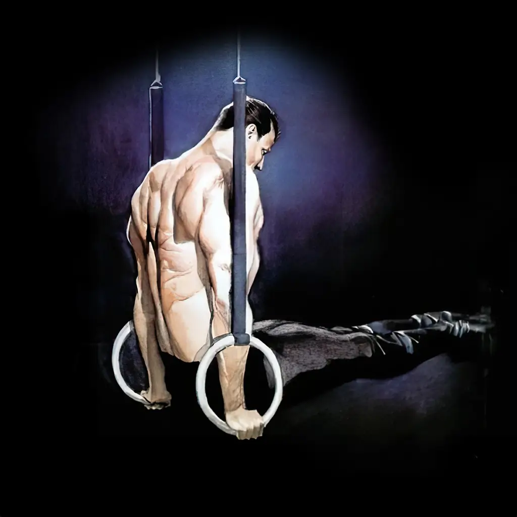 Bruce Wayne trainiert an Turnringen – Illustration von Alex Ross