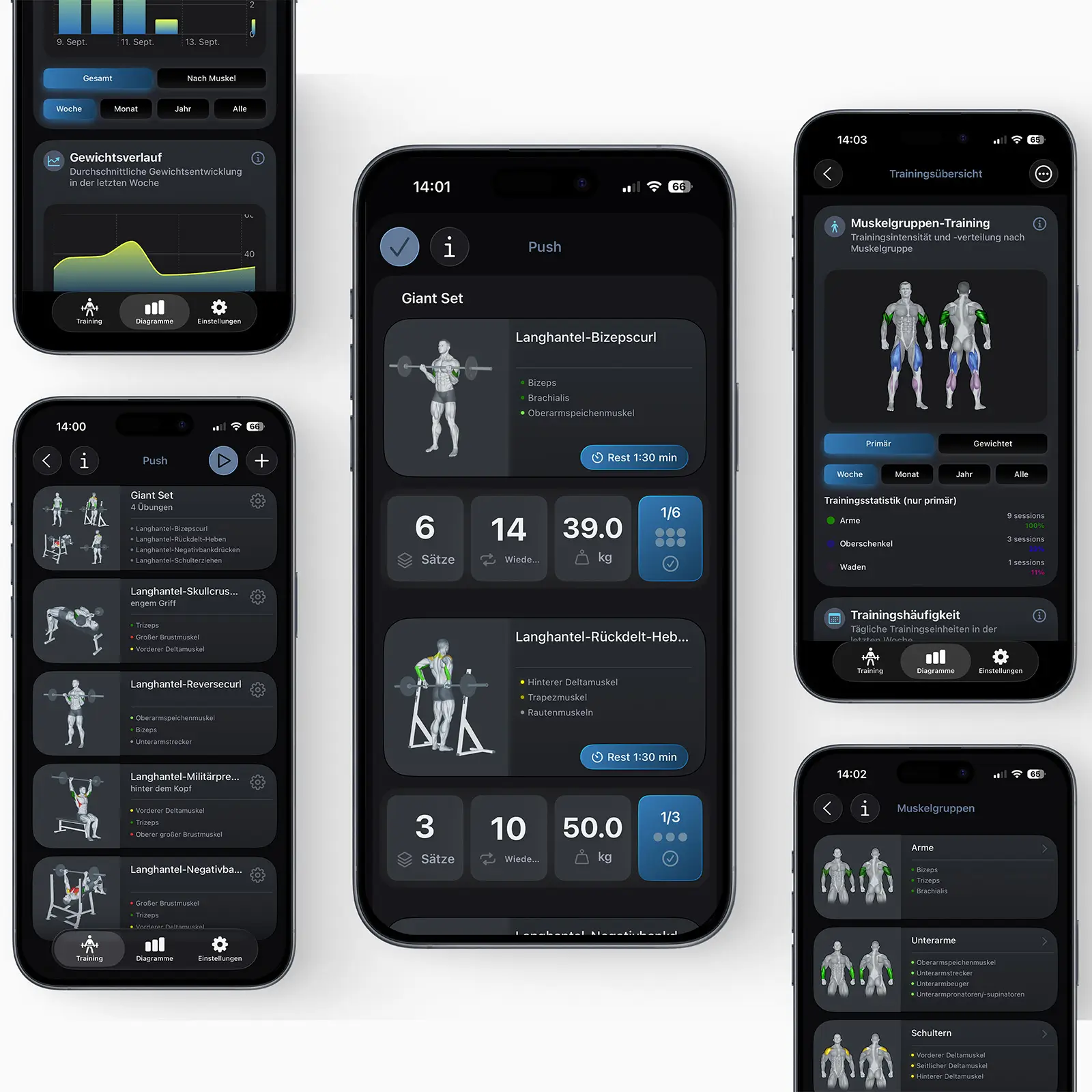 VigiGym App – Übersicht aktiver Workouts im Dark Mode mit Muskelgruppen-Visualisierung